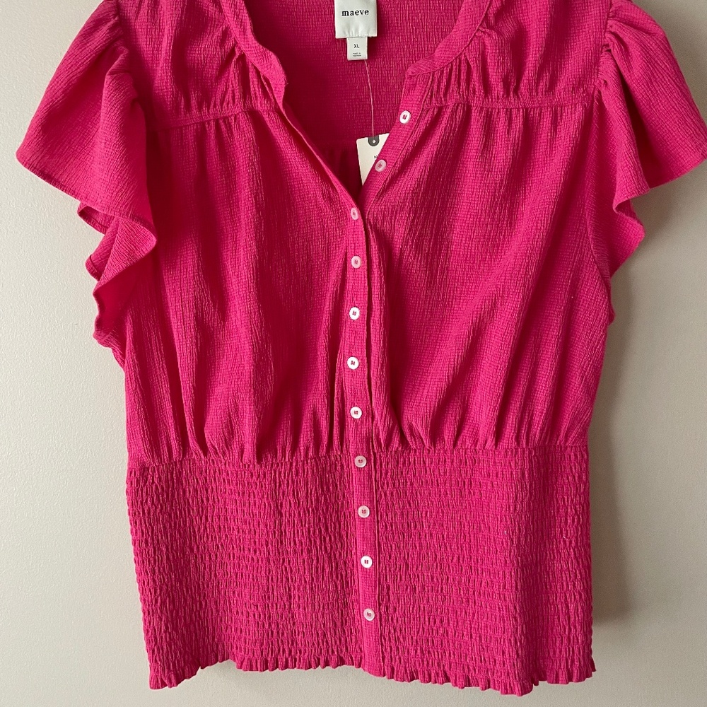 NWT Anthropologie x Maeve short-sleeve v-neck fitted waist top in hot pink XL - Picture 2 of 6
